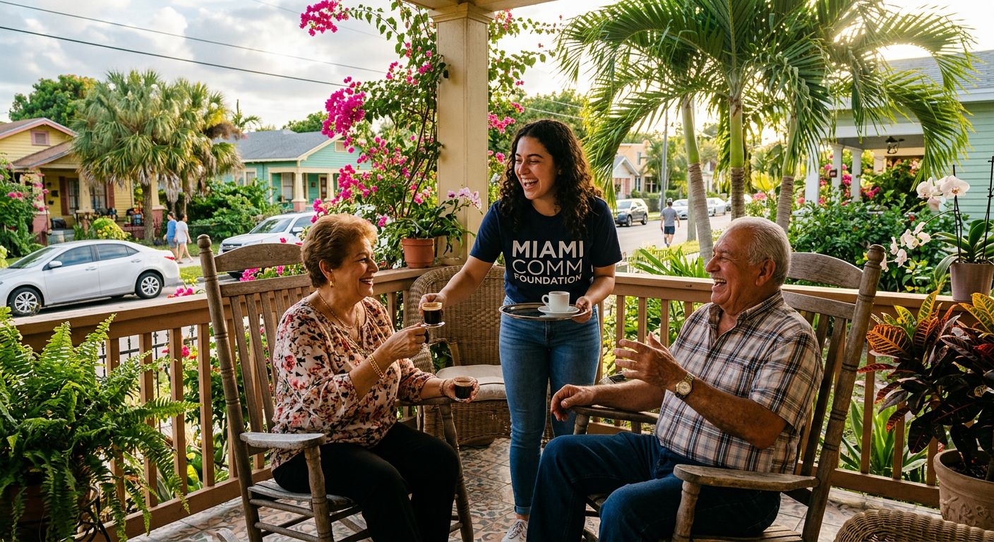 A smiling grandmother and grandfather share coffee with a young volunteer on a sunny Miami porch